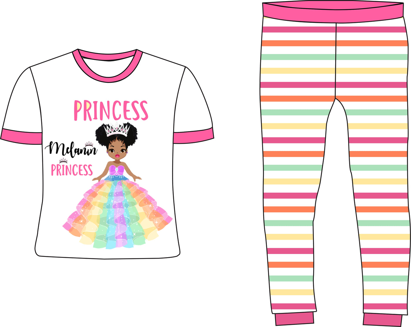 Girl Kids Pajamas 2-PCS PJs Set Shirt and Pants Nightwear Homewear Children Clothes Sleepwear Cotton Pink Stripe Melanin Princess