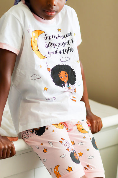 Girl Kids Pajamas 2-PCS PJs Set Shirt and Shorts Nightwear Homewear Children Clothes Sleepwear Cotton Pink Sweet Dreams Sleep Tight