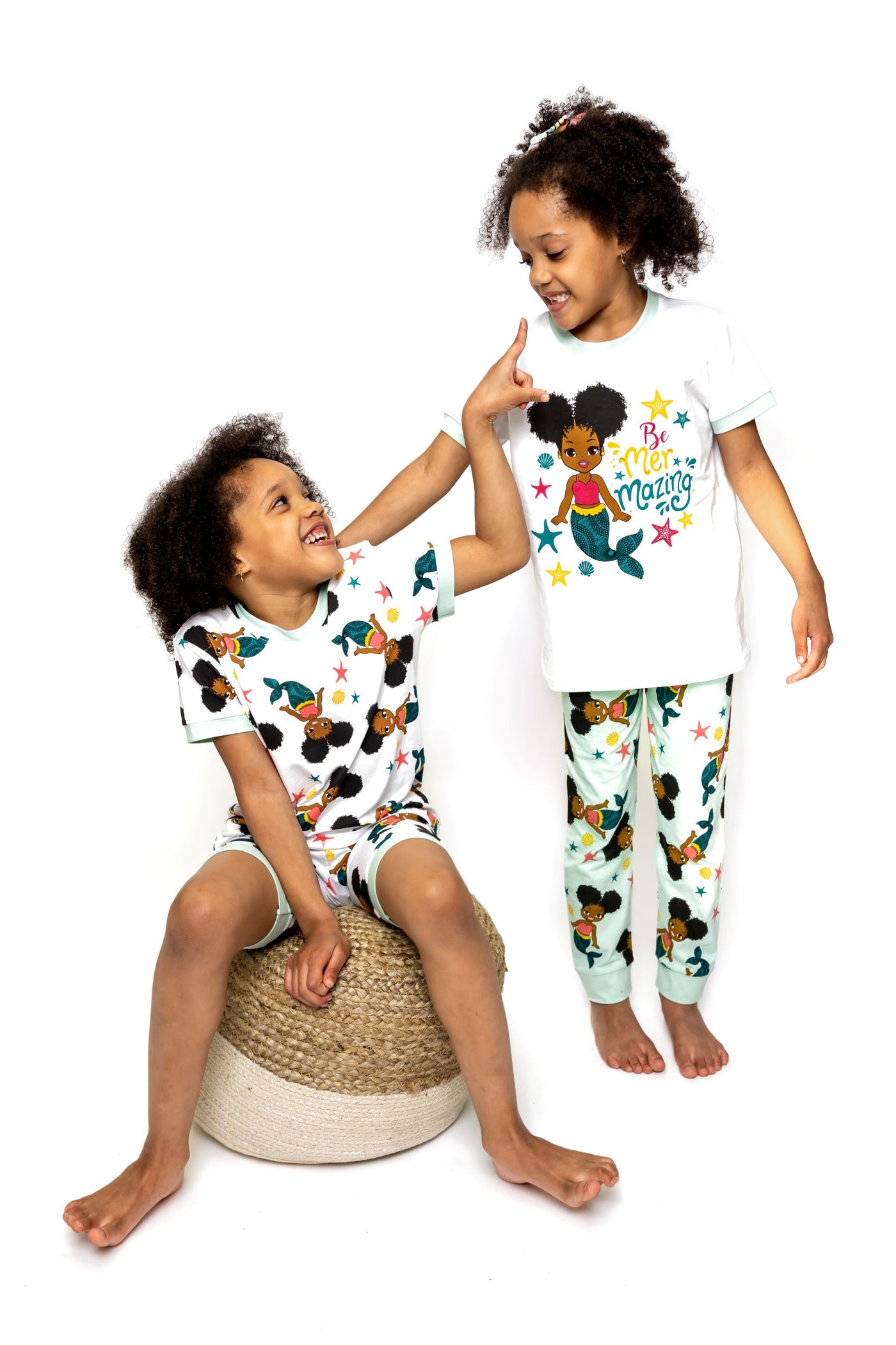 Girl Kids Pajamas 3-PCS PJs Set Shirt Pants and Shorts Nightwear Homewear Children Clothes Sleepwear Cotton Aquamarine Little Mermaid
