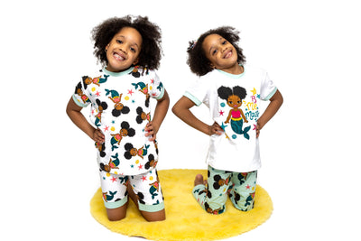 Girl Kids Pajamas 3-PCS PJs Set Shirt Pants and Shorts Nightwear Homewear Children Clothes Sleepwear Cotton Aquamarine Little Mermaid