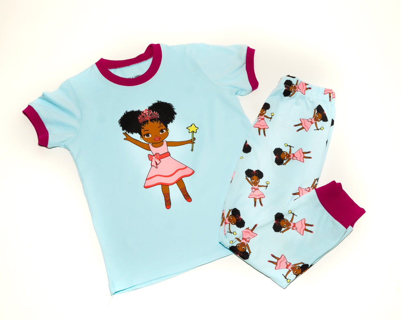 Girl Kids Pajamas 2-PCS PJs Set Shirt and Pants Nightwear Homewear Children Clothes Sleepwear Cotton Blue Fairy Princess