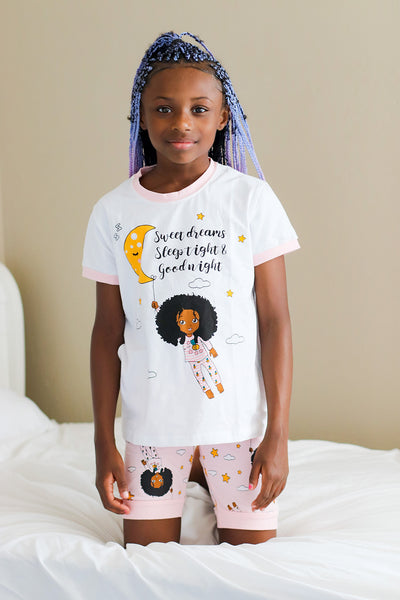 Girl Kids Pajamas 2-PCS PJs Set Shirt and Shorts Nightwear Homewear Children Clothes Sleepwear Cotton Pink Sweet Dreams Sleep Tight