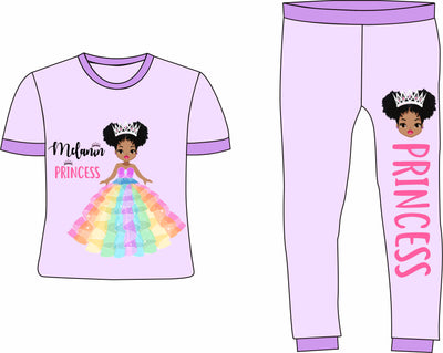 Girls Pajamas Quality Cotton Kids Sleepover Matching PJs 2-pc Set Tee Shirt and Pants Loungewear Melanin Princess Lavender