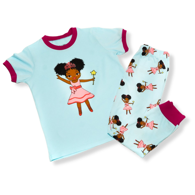 Girl Kids Pajamas 2-PCS PJs Set Shirt and Pants Nightwear Homewear Children Clothes Sleepwear Cotton Blue Fairy Princess