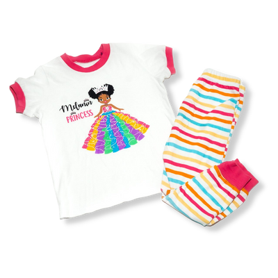 Girl Kids Pajamas 2-PCS PJs Set Shirt and Pants Nightwear Homewear Children Clothes Sleepwear Cotton Pink Stripe Melanin Princess