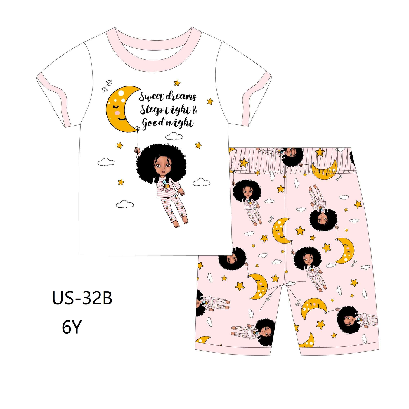 Girl Kids Pajamas 2-PCS PJs Set Shirt and Shorts Nightwear Homewear Children Clothes Sleepwear Cotton Pink Sweet Dreams Sleep Tight